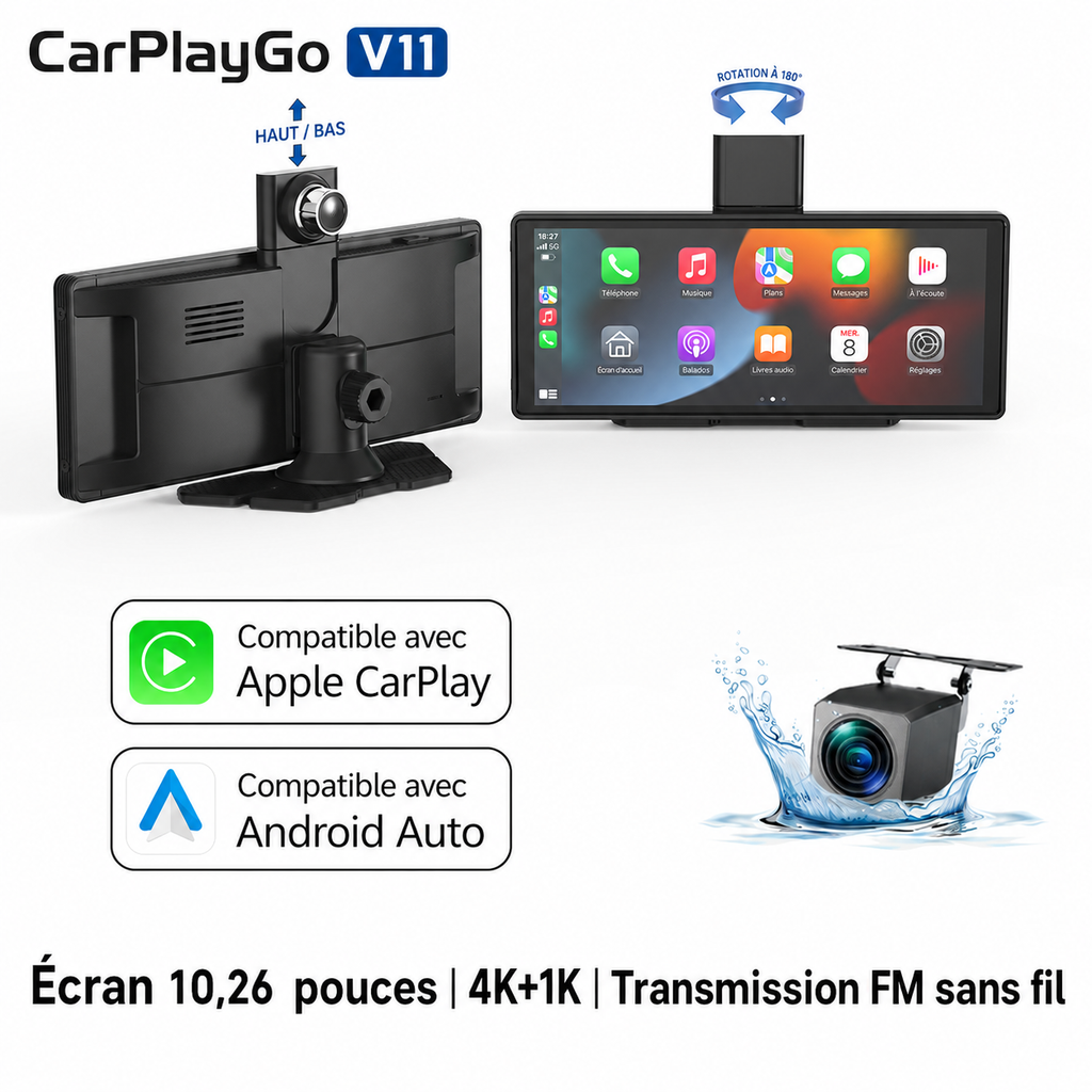 Écran CarPlay V11 10,26” – Sans fil avec caméra 4K & caméra arrière