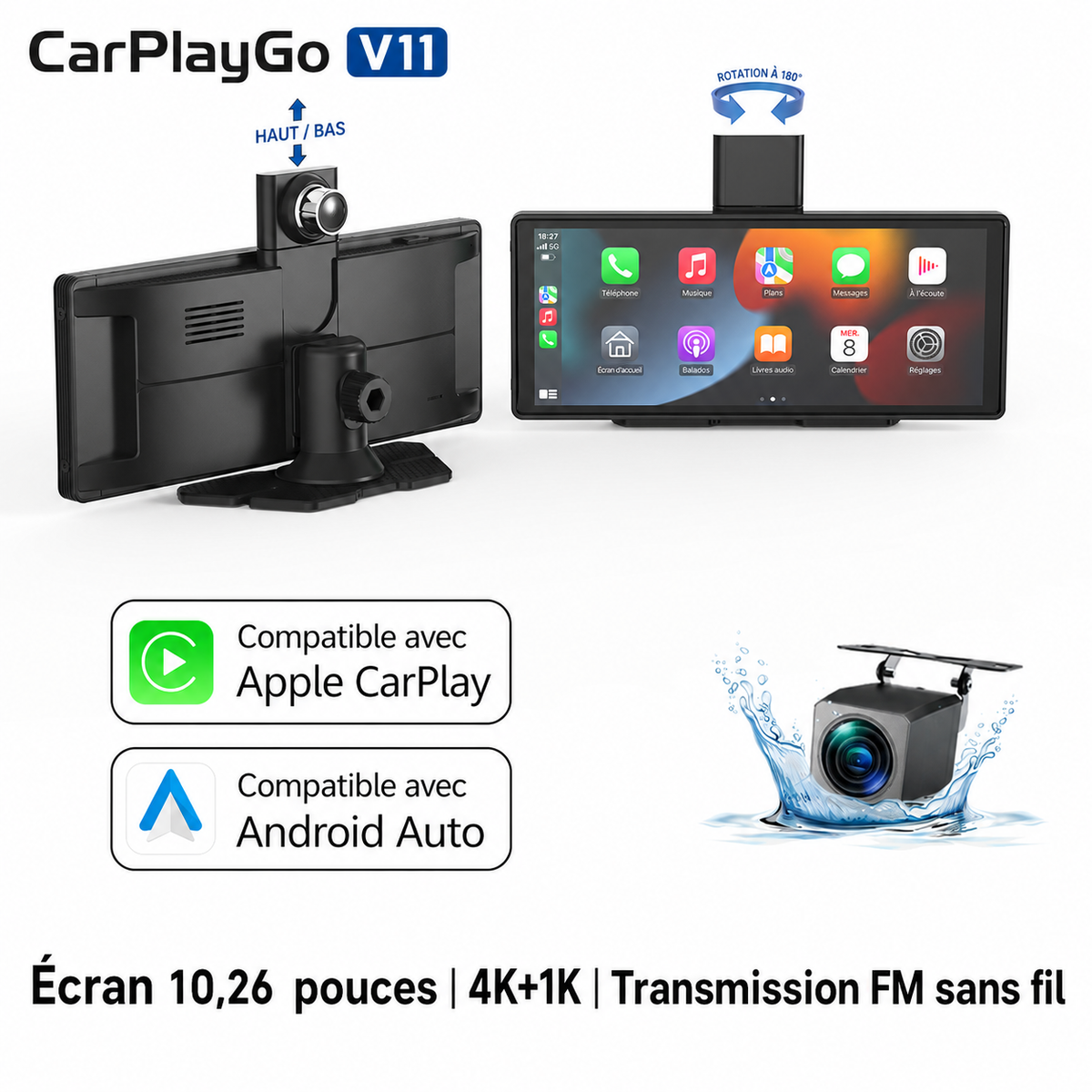 Écran CarPlay V11 10,26” – Sans fil avec caméra 4K & caméra arrière