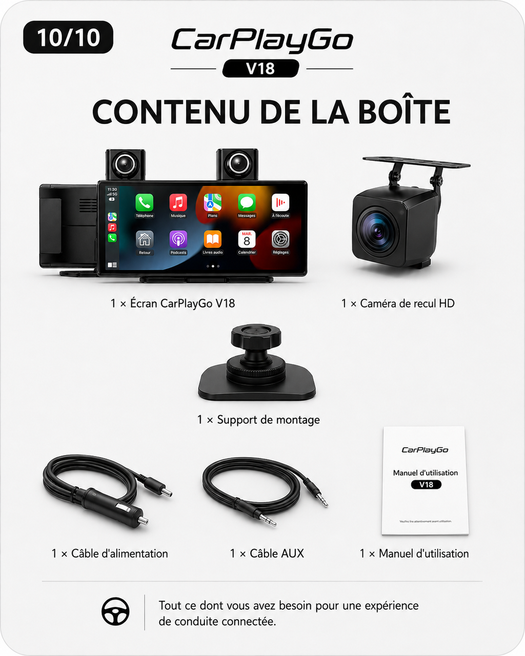 Écran CarPlayGo V18 – CarPlay & Android Auto sans fil | 12 HD + Caméra de recul