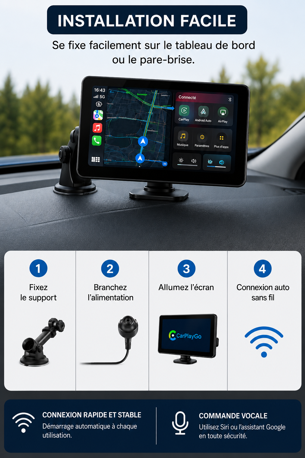Écran CarPlay V9 10” – Sans fil avec caméra avant & arrière
