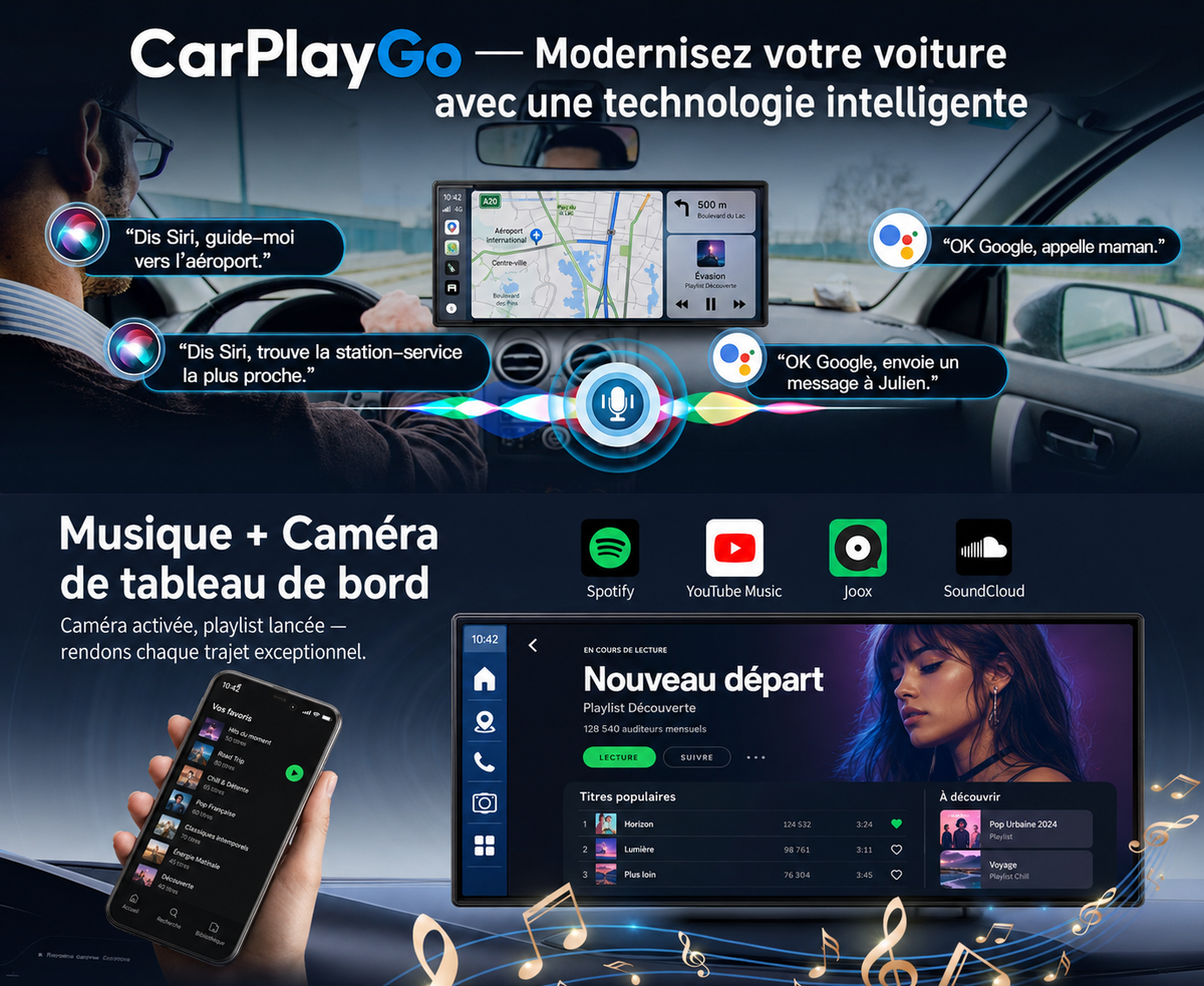 CarPlayGo V11 4G – Écran CarPlay Android 10,26” avec Dashcam avant/arrière