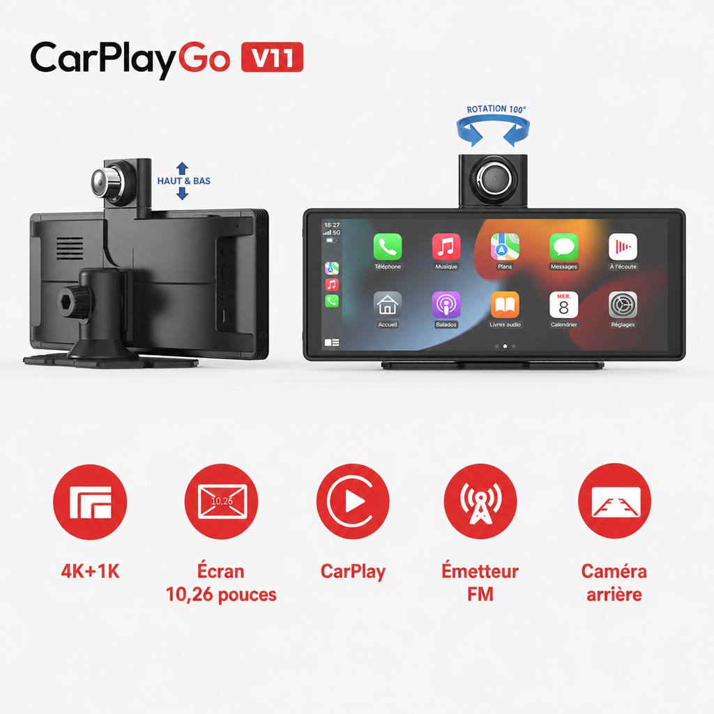 Écran CarPlay V11 10,26” – Sans fil avec caméra 4K & caméra arrière