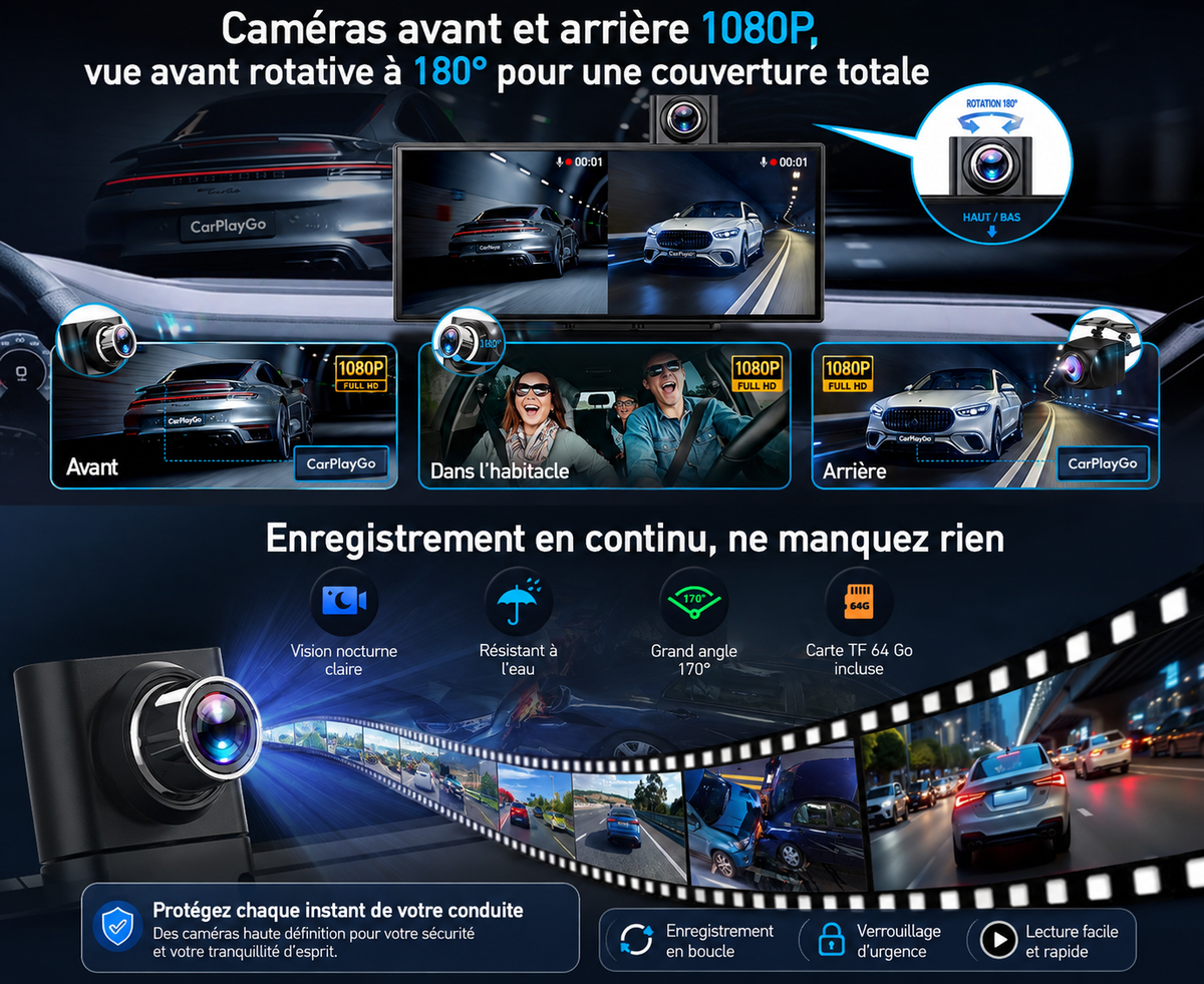 CarPlayGo V11 4G – Écran CarPlay Android 10,26” avec Dashcam avant/arrière