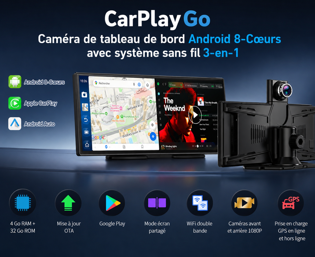 CarPlayGo V11 4G – Écran CarPlay Android 10,26” avec Dashcam avant/arrière