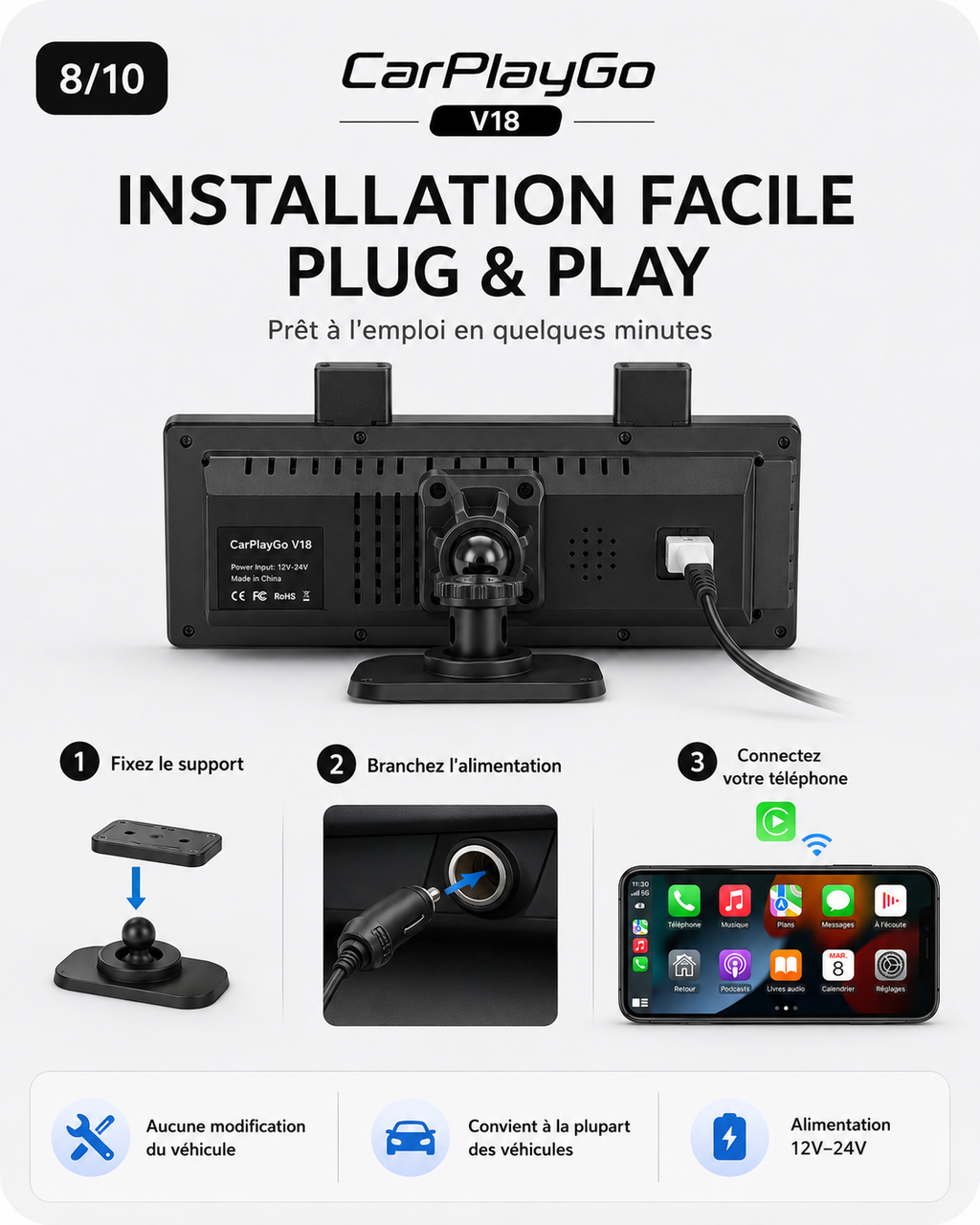 Écran CarPlayGo V18 – CarPlay & Android Auto sans fil | 12 HD + Caméra de recul