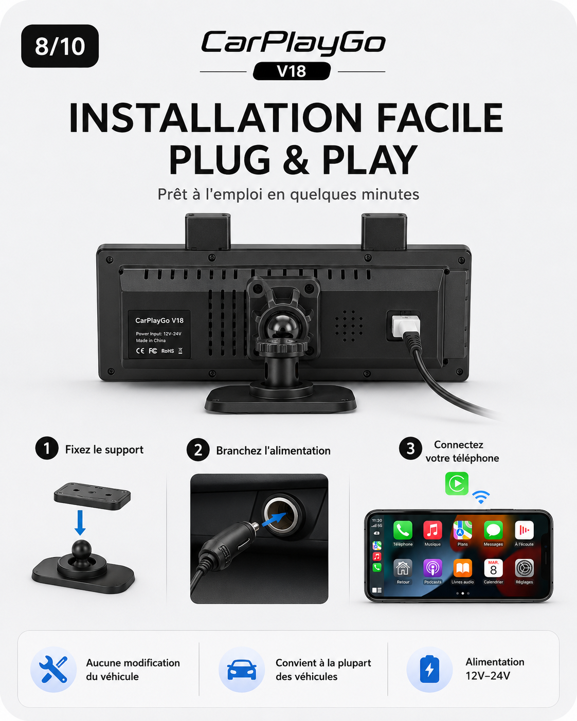 Écran CarPlayGo V18 – CarPlay & Android Auto sans fil | 12 HD + Caméra de recul
