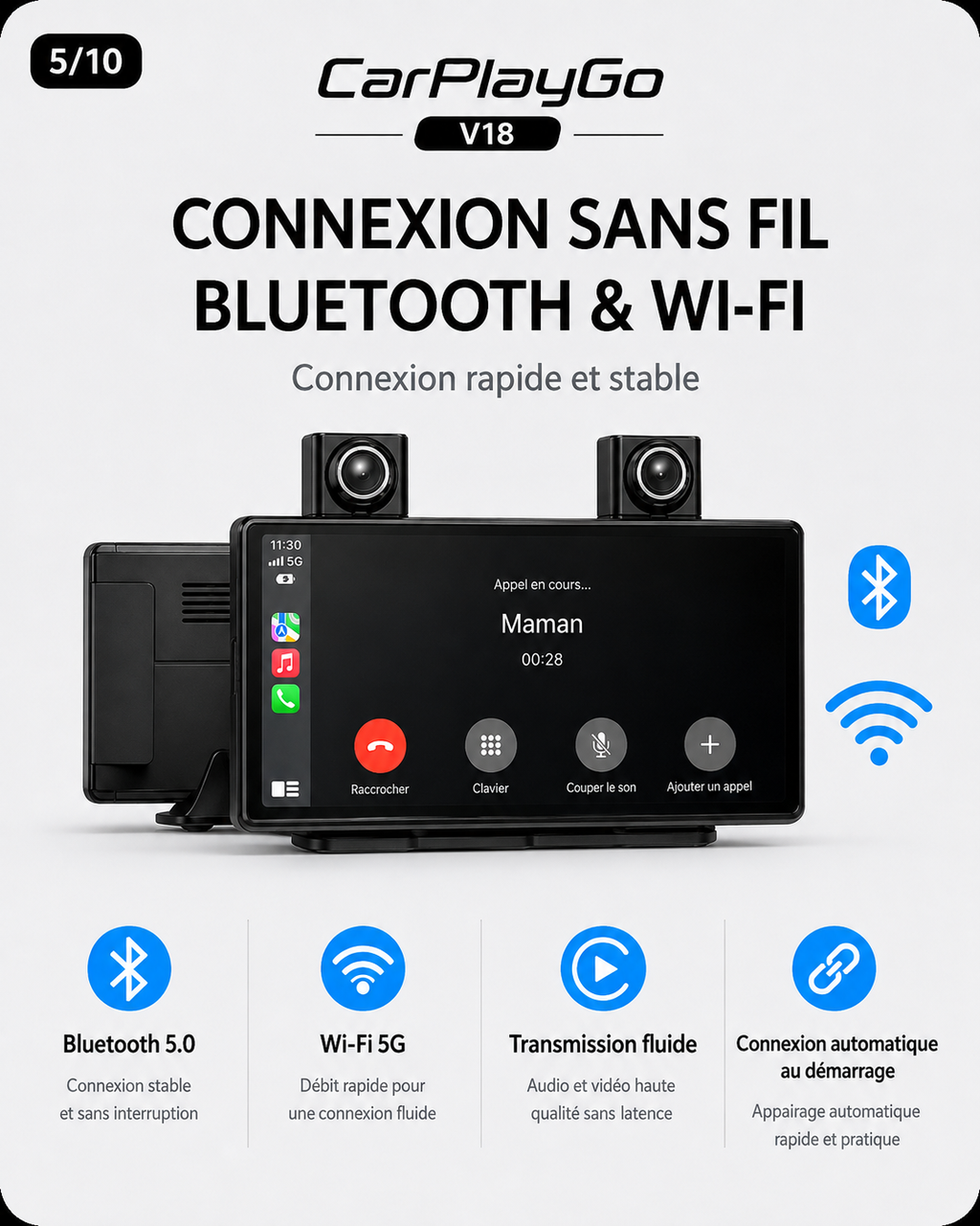 Écran CarPlayGo V18 – CarPlay & Android Auto sans fil | 12 HD + Caméra de recul