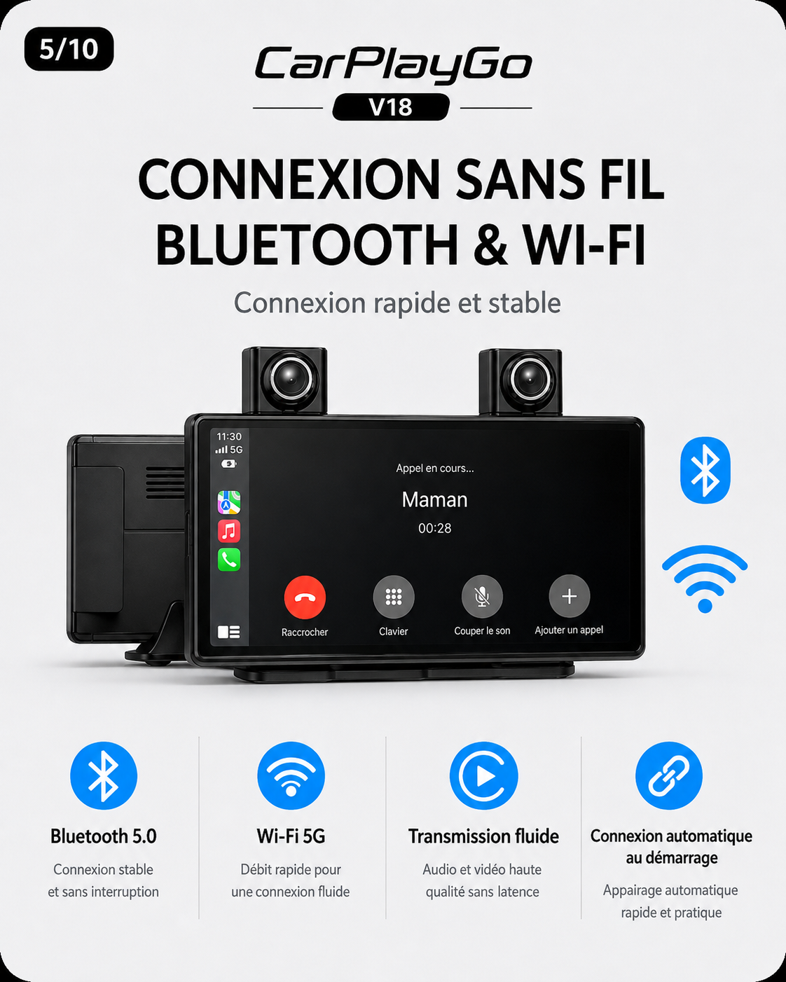 Écran CarPlayGo V18 – CarPlay & Android Auto sans fil | 12 HD + Caméra de recul