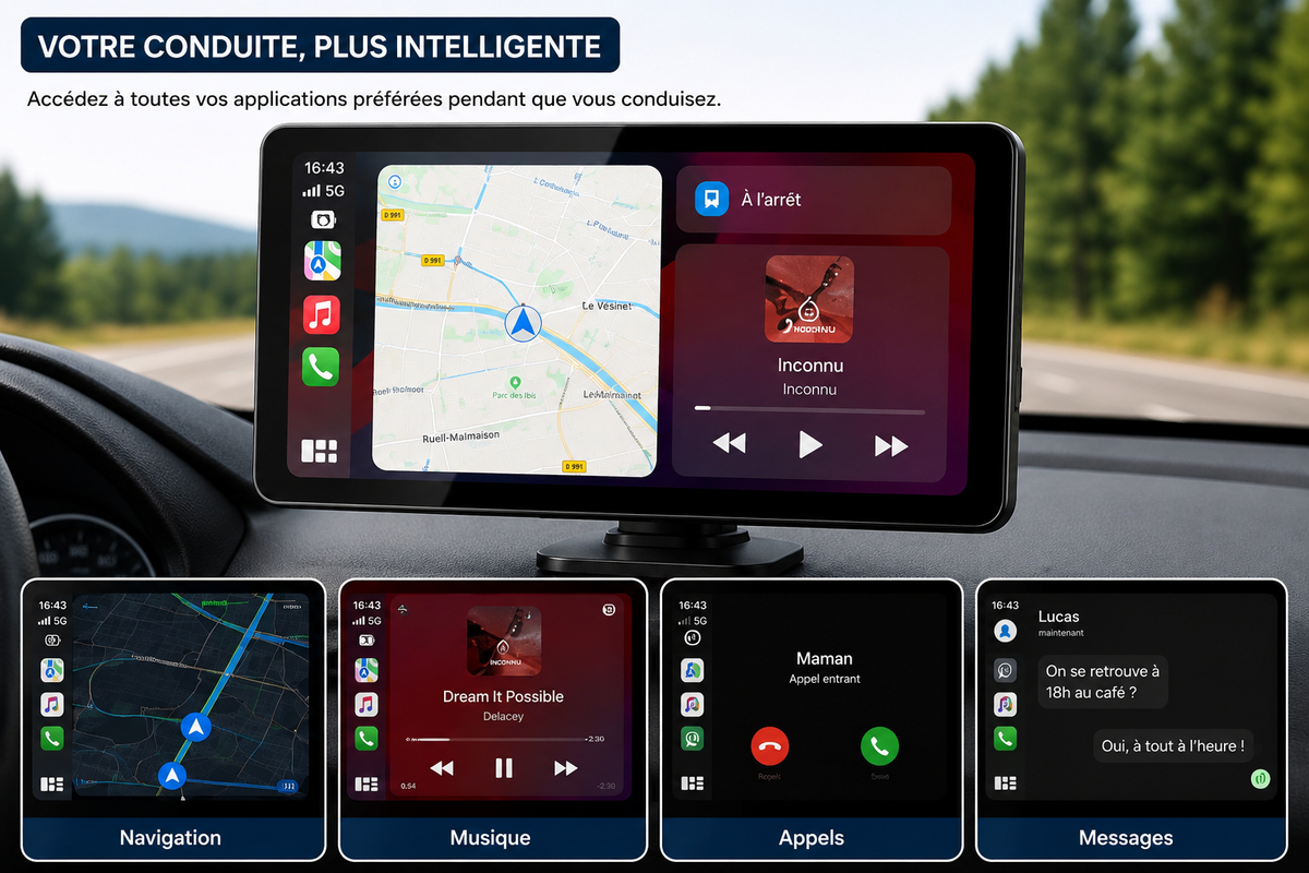 Écran CarPlay V9 10” – Sans fil avec caméra avant & arrière