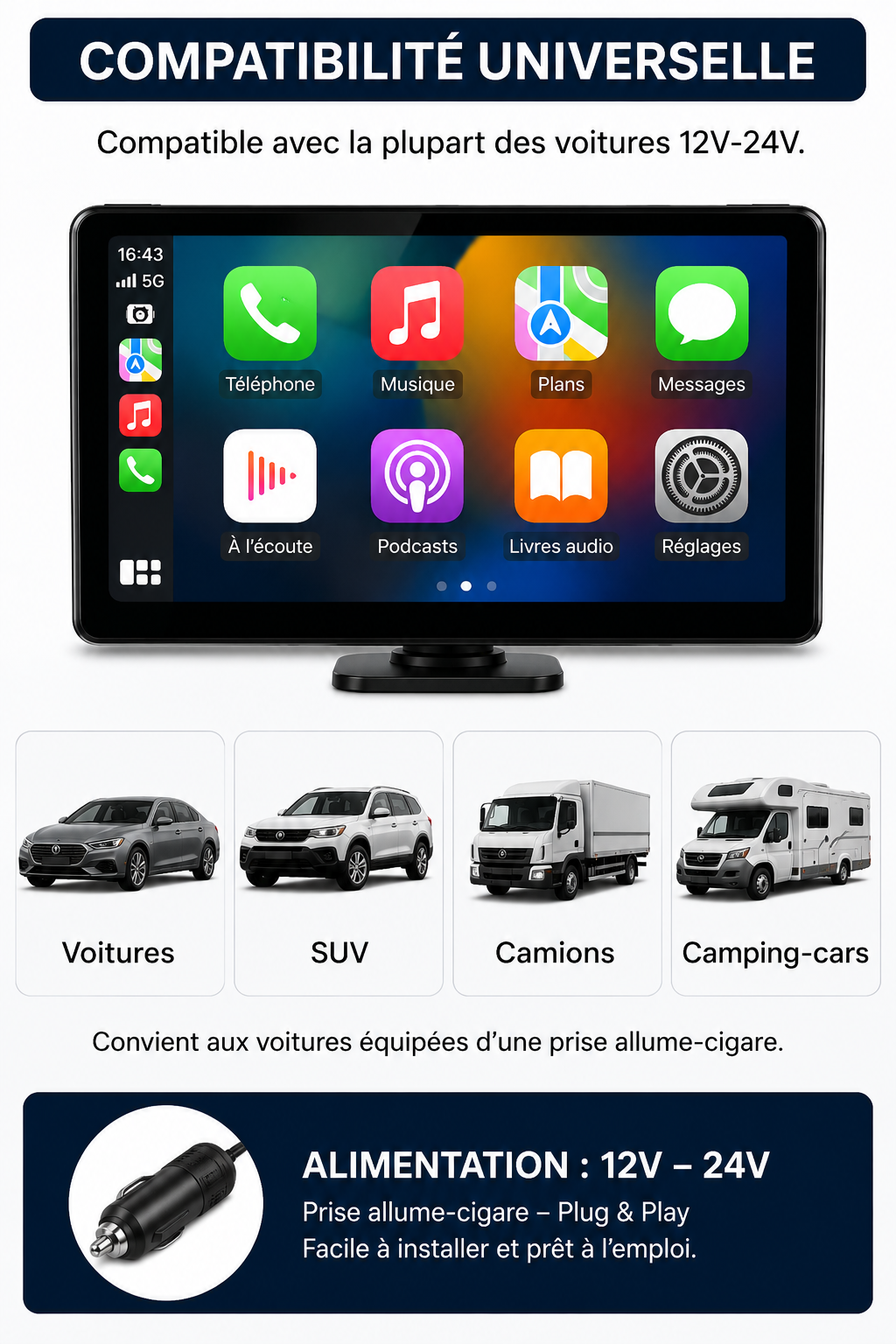 Écran CarPlay V9 10” – Sans fil avec caméra avant & arrière