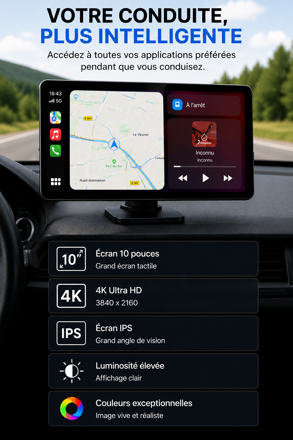 Écran CarPlay V9 10” – Sans fil avec caméra avant & arrière