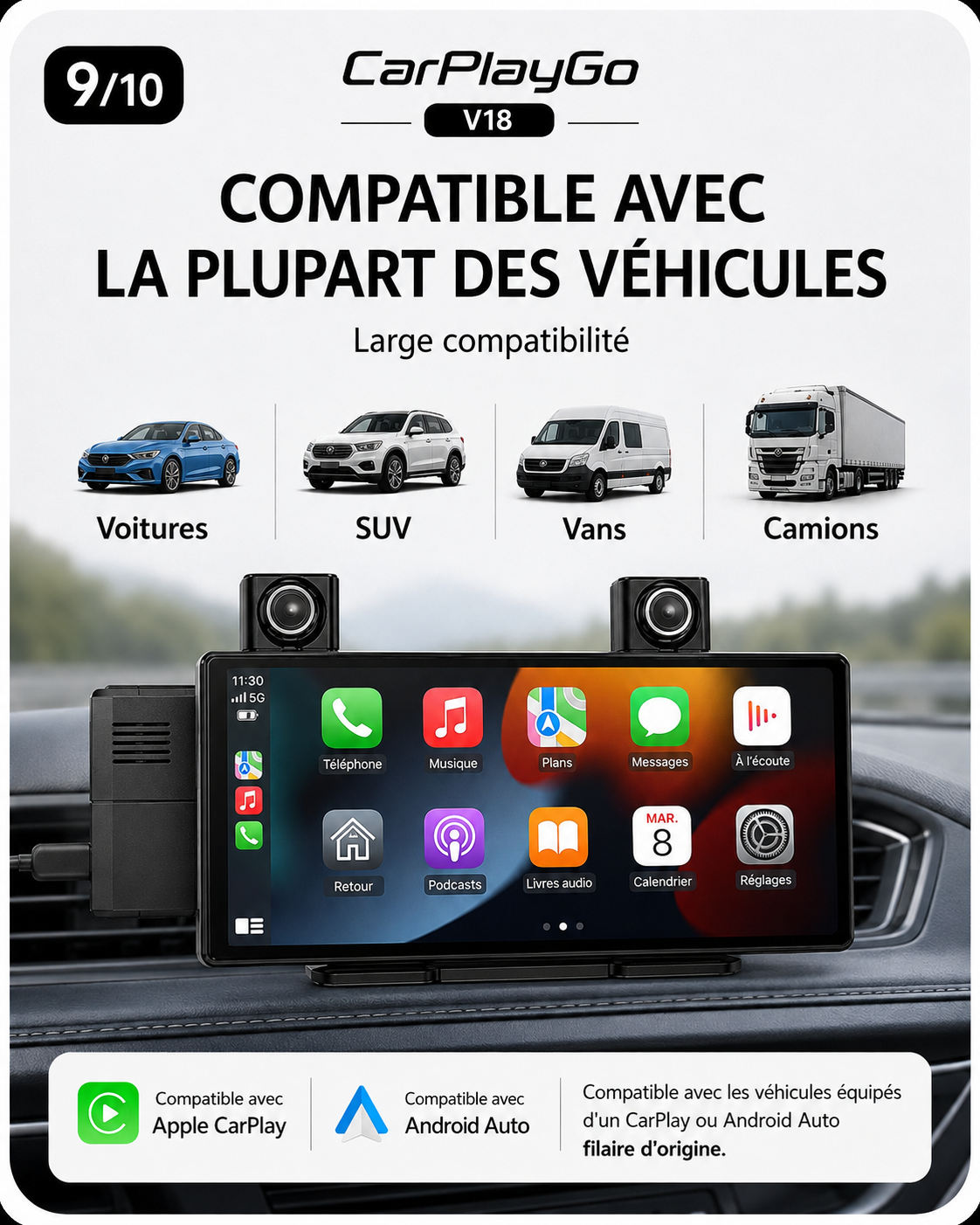 Écran CarPlayGo V18 – CarPlay & Android Auto sans fil | 12 HD + Caméra de recul