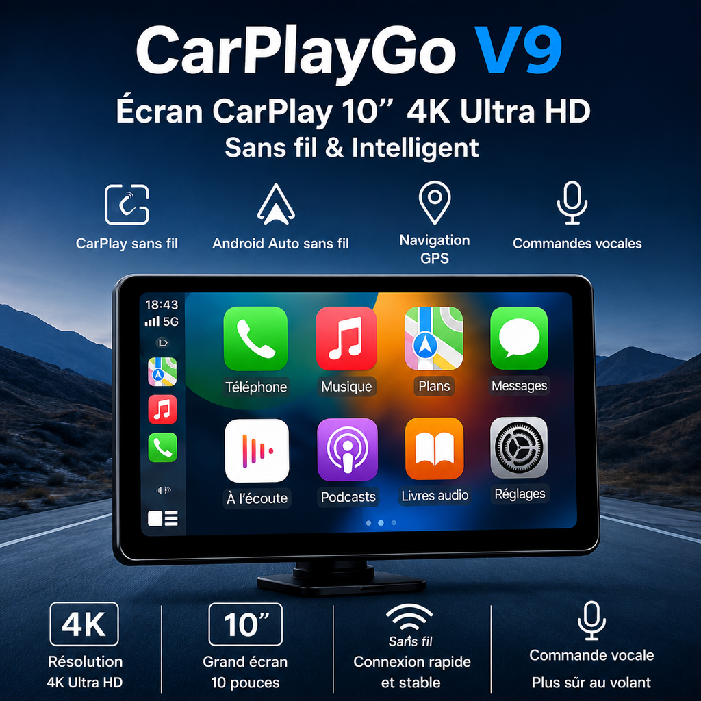 Écran CarPlay V9 10” – Sans fil avec caméra avant & arrière
